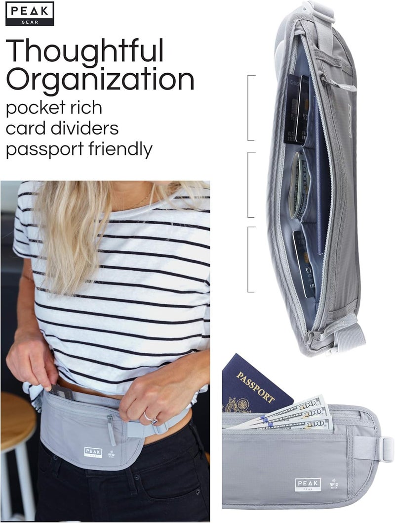 Peak Gear حزام نقود للسفر. محفظة سفر عالية الجودة مع قماش مانع لتقنية RFID لحماية بطاقات الائتمان، جوازات السفر والمستندات. حماية حصرية من السرقة و2 ملصقات استرداد | رمادي - Image 3
